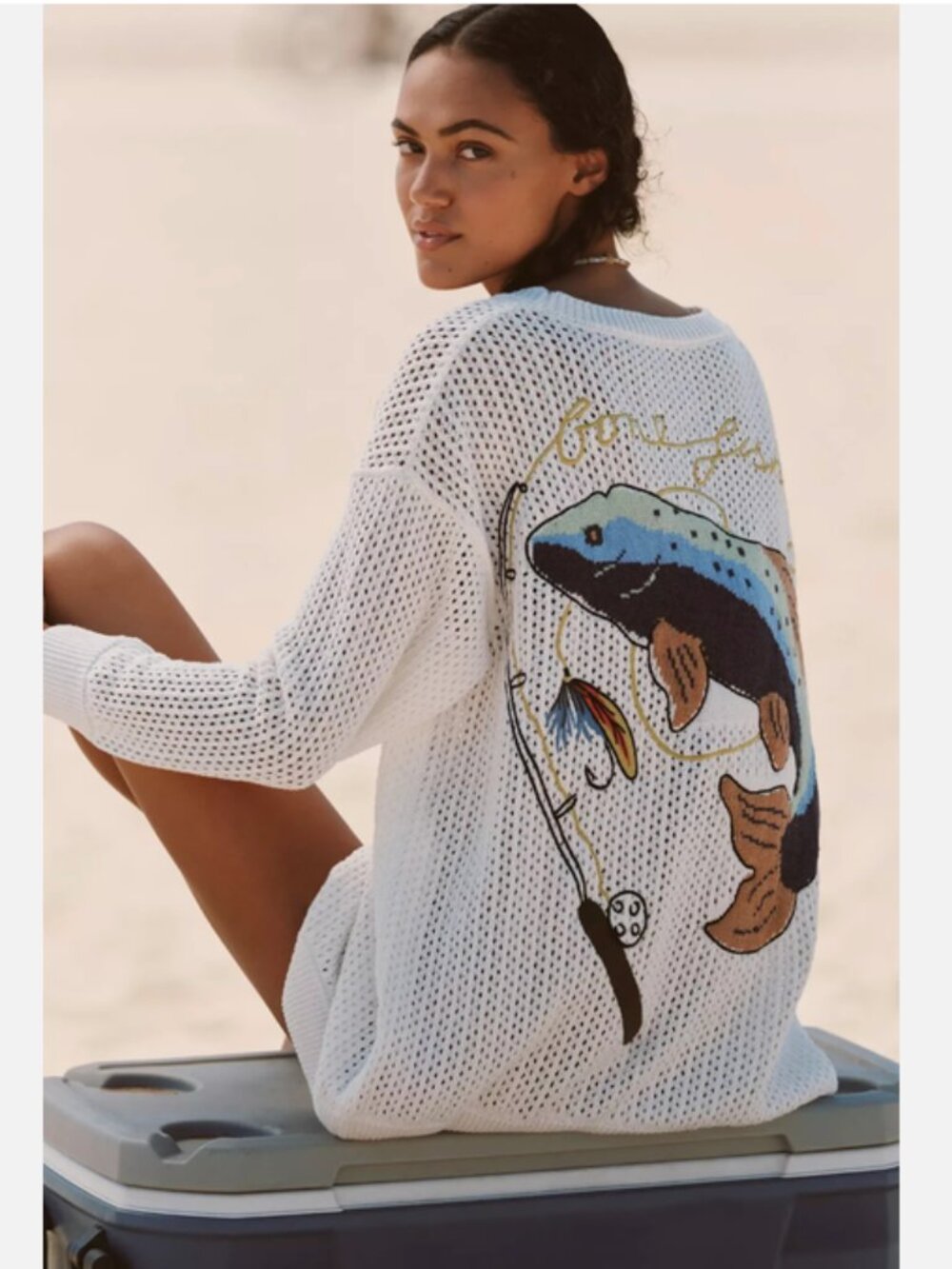 Anthropologie Celandine Icon Cardigan Sweater Fish Fishing Nautical XL NWT